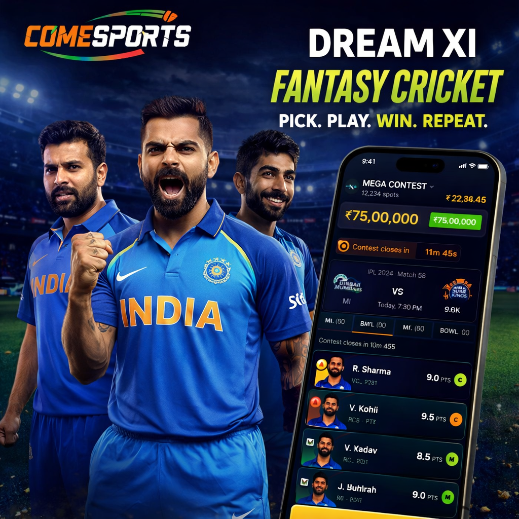 Come Sport 11 fantasy cricket and India team visual